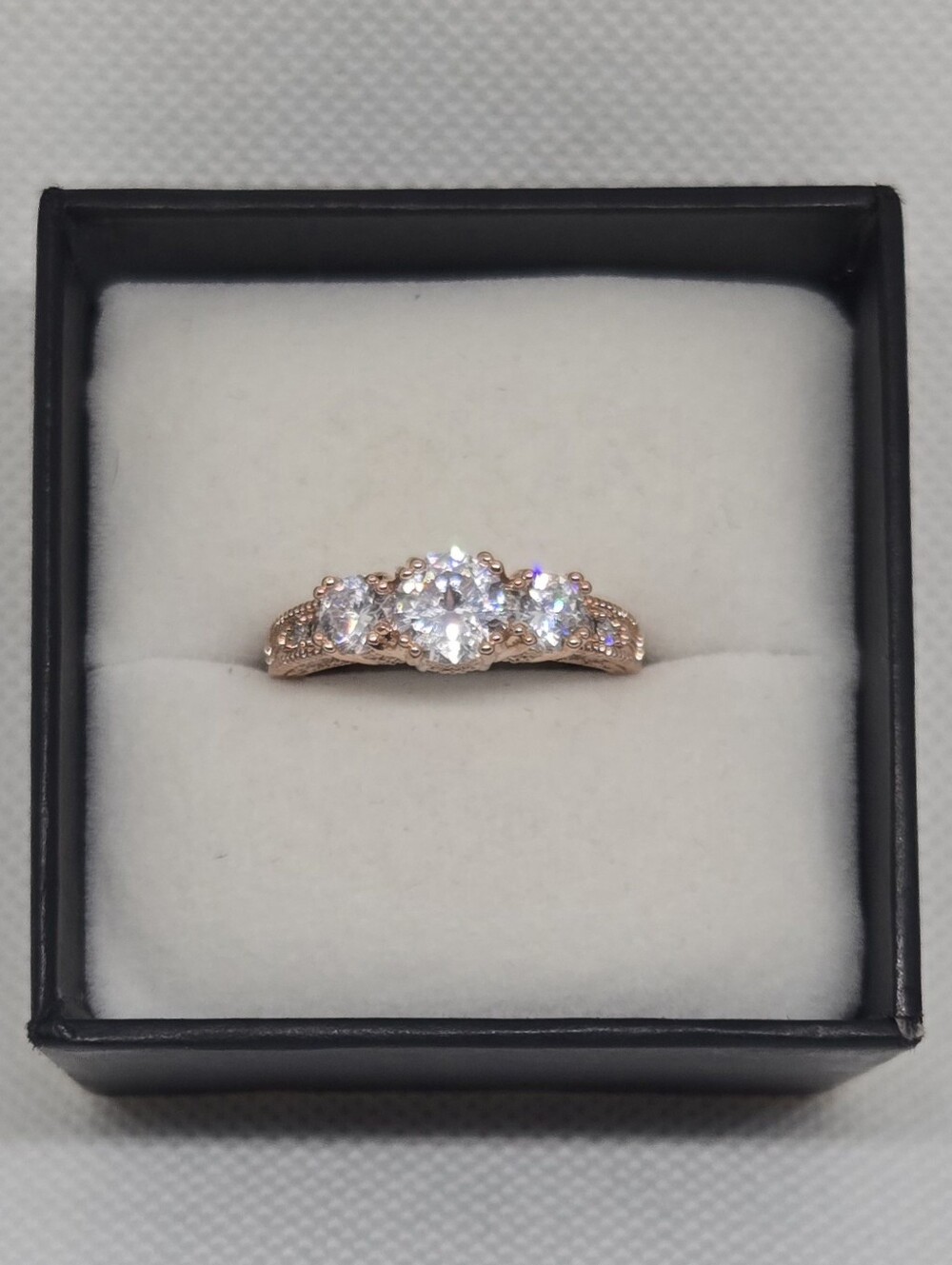 Rose Gold Tone Three Stone CZ Ring Milgrain Band Size 10